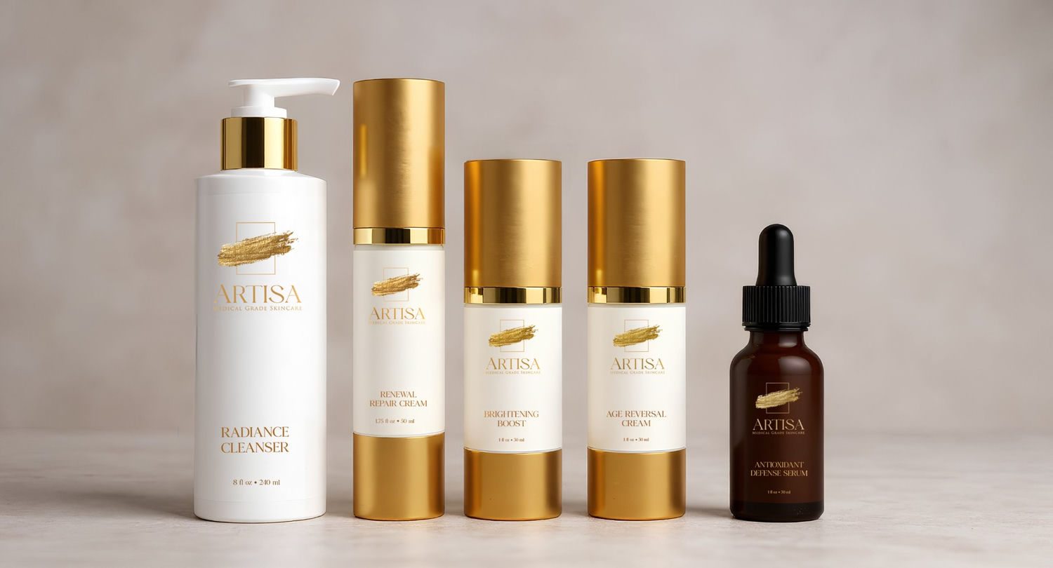 Artisa Medical Grade Skincare — Radiance Cleanser, Renewal Repair Cream, Brightening Boost, Age Reversal Cream, and Antioxidant Defense Serum